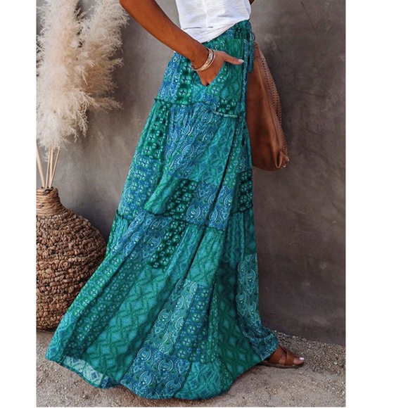 Boho Color block patchwork Print Stretchy Waist Ruffle Hem Maxi Skirt - Picture 3 of 5